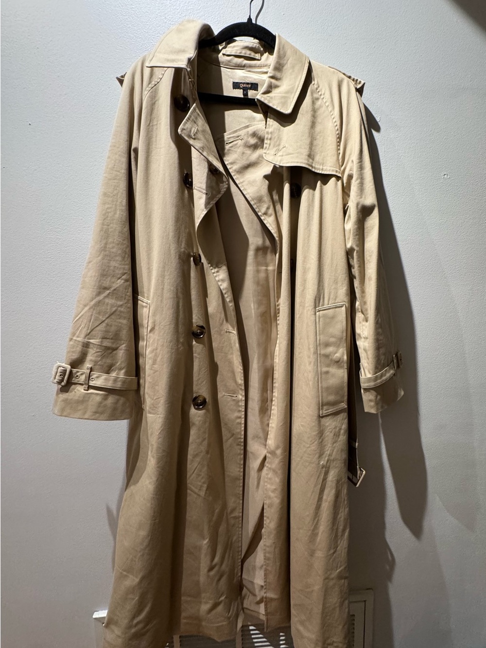 Quince Khaki Tan Cotton Twill Double Breasted Trench Coat Long Jacket Belted